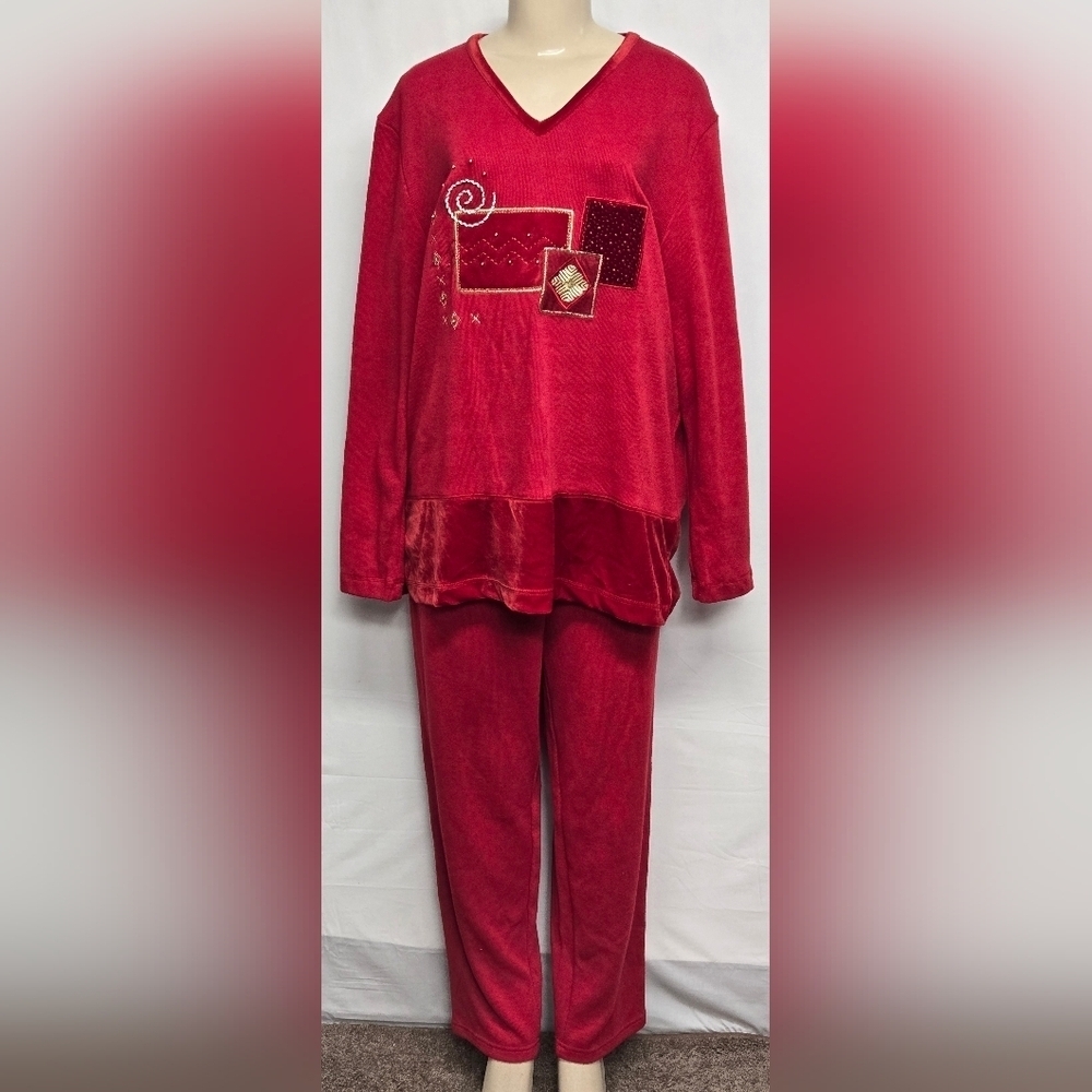 Bobby Brooks XL Red Pant Set Activewear Sporty Red Ribbed Gold Embroidered